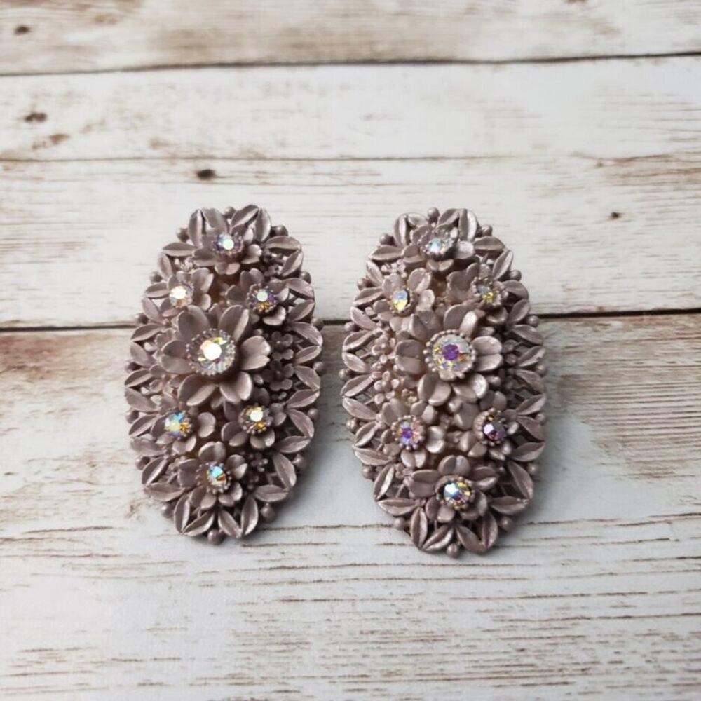 Vintage Clip On Earrings Large Statement Mauve Long Oval with Iridescent Gems